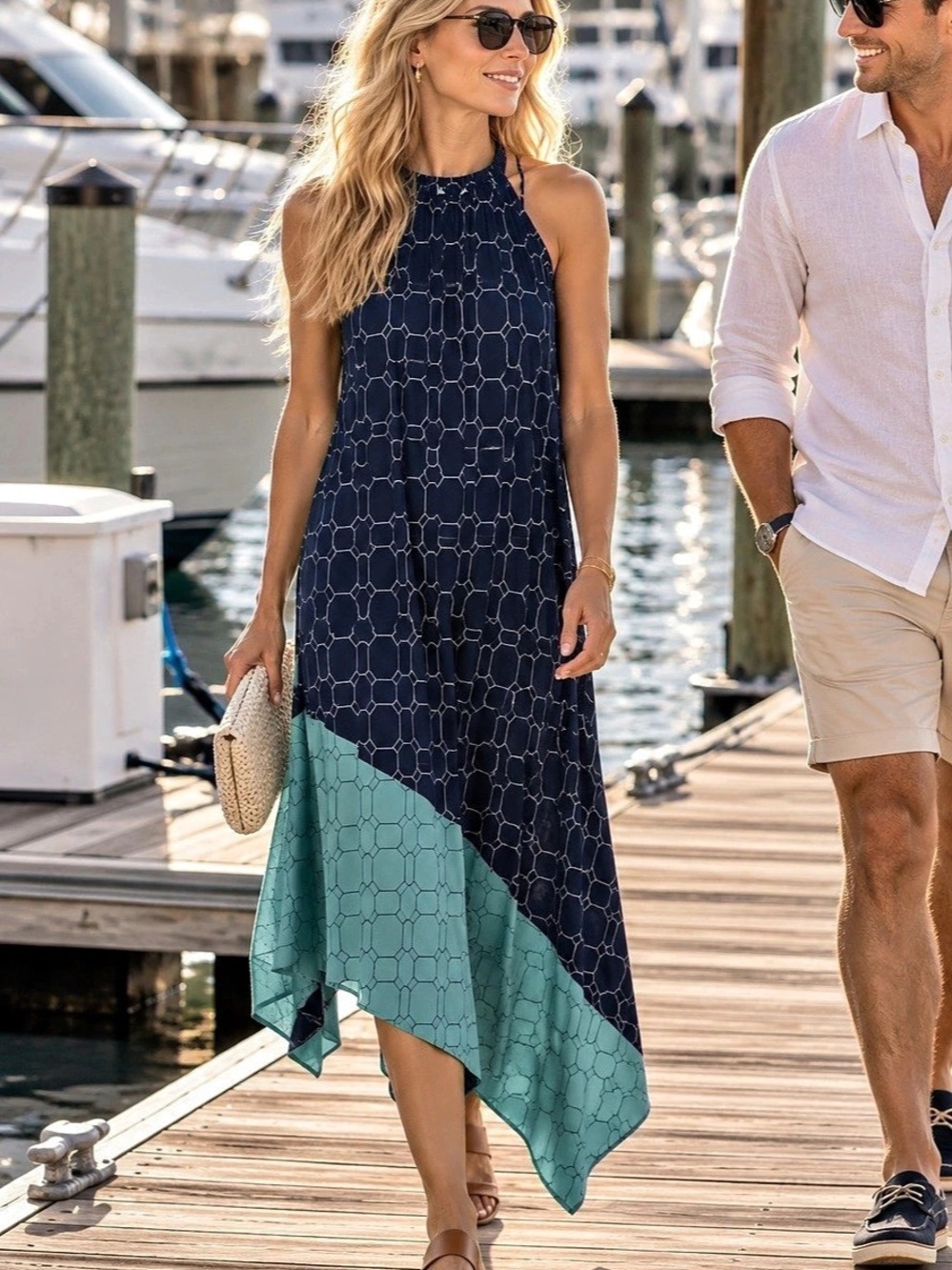 Rachel Roy Navy Teal Geometric Asymmetrical Maxi Dress Medium
